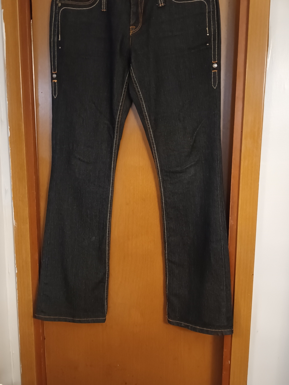 Women's Flare Leg Blue Denim Jeans with Contrast Stitching